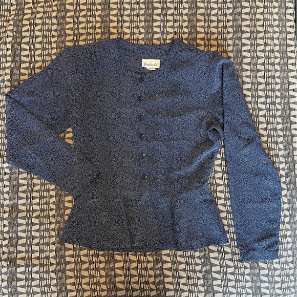 Vintage Peplum Blouse Jordan Ari Navy and White Polka Dot - Picture 4 of 6